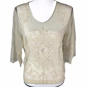 Cami‎ International Top Cream Floral Embroidery Sheer Nylon Lace Top